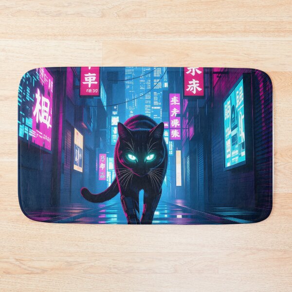 Item preview, Black Cyberpunk Cat In Neon Rainy City designed and sold by Wiss2Arts.