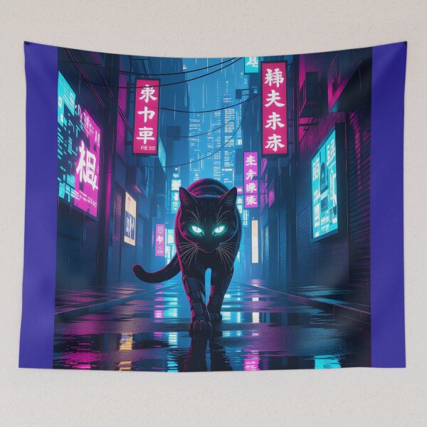 Item preview, Black Cyberpunk Cat In Neon Rainy City designed and sold by Wiss2Arts.