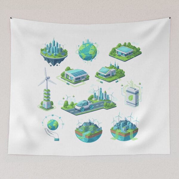 Item preview, Modern Eco-Tech Sticker Sheet - 9 Futuristic Green Energy Illustrations designed and sold by Siamcatshop.
