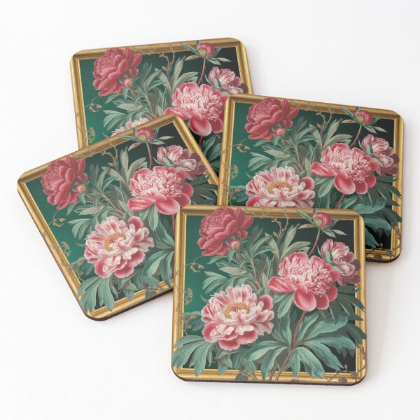 Item preview, Vintage Peonies Gold Frame Art - Pink Coral Botanical Emerald Green Elegant Floral designed and sold by Random Candy Studio.