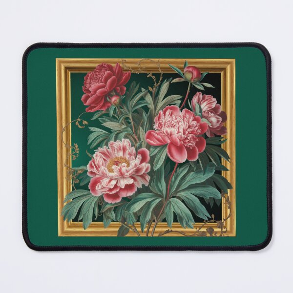 Item preview, Vintage Peonies Gold Frame Art - Pink Coral Botanical Emerald Green Elegant Floral designed and sold by Random Candy Studio.