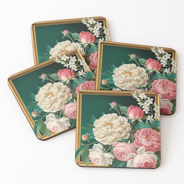 Item preview, Vintage Roses Peonies Gold Frame Art - Pink Cream Botanical Emerald Green Elegant designed and sold by Random Candy Studio.