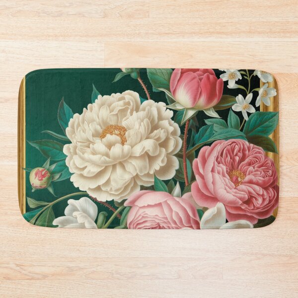 Item preview, Vintage Roses Peonies Gold Frame Art - Pink Cream Botanical Emerald Green Elegant designed and sold by Random Candy Studio.