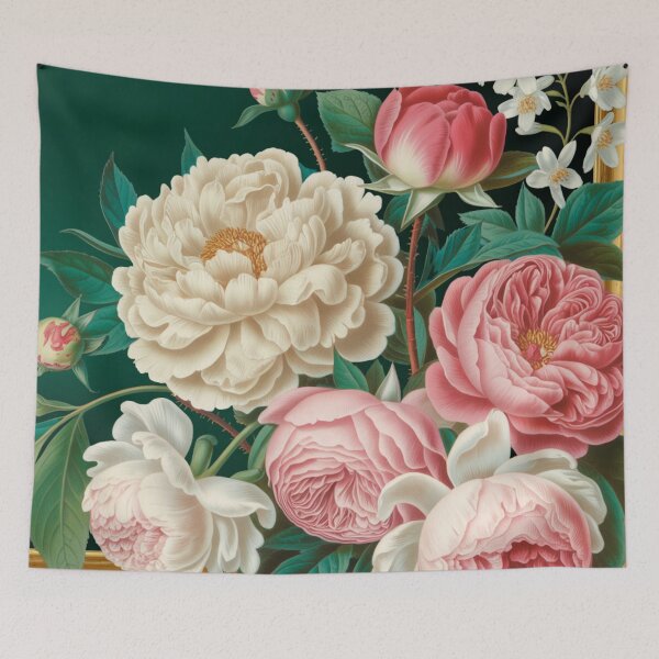 Item preview, Vintage Roses Peonies Gold Frame Art - Pink Cream Botanical Emerald Green Elegant designed and sold by Random Candy Studio.