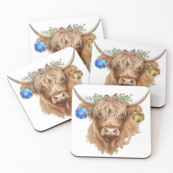 Item preview, SEO Title: Christmas Highland Cow with Ornaments and Bow - Festive Watercolor Farm Animal Holiday Wall Art Print designed and sold by Darcy'sArtfortheHeart.