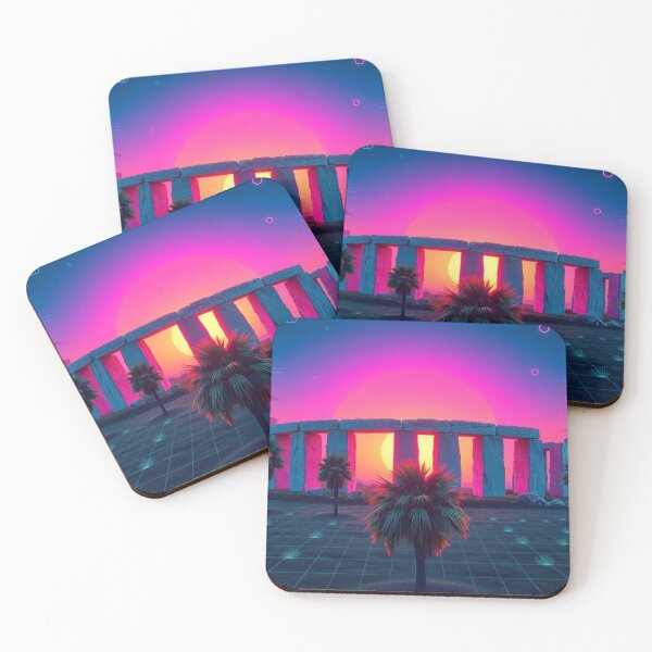 Item preview, Vaporwave Stonehenge Sunset with Palm Trees - Retro Synthwave Digital Art Print designed and sold by EllDAV777.
