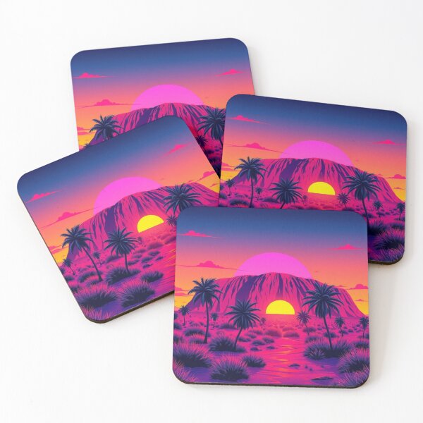 Item preview, Vaporwave Uluru Sunset Art Print - Synthwave Ayers Rock with Palm Trees in Neon Pink Purple designed and sold by EllDAV777.