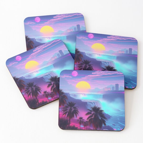 Item preview, Neon Synthwave Waterfall Sunset Poster - Retro 80s Vaporwave Art with Palm Trees and Cityscape designed and sold by EllDAV777.