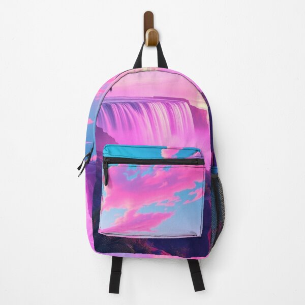 Item preview, Vaporwave Waterfall Sunset Palm Trees Neon Pink Aesthetic Art Print - Synthwave Dreamscape Poster designed and sold by EllDAV777.
