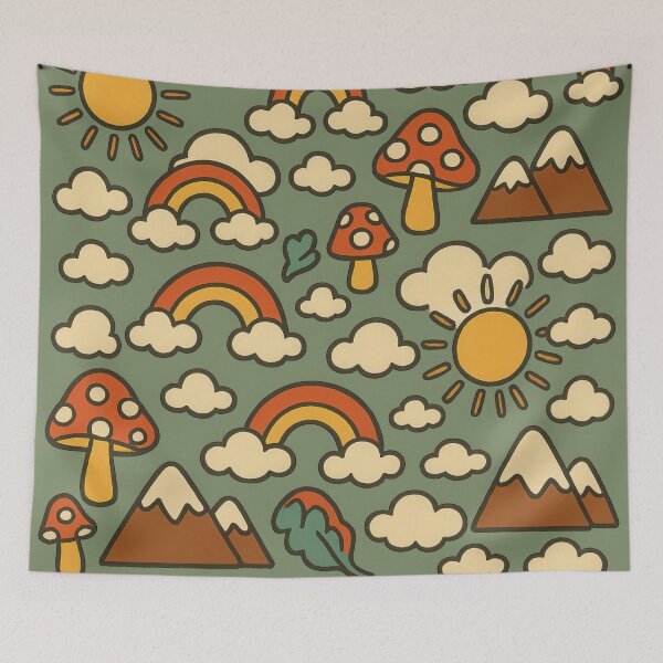 Artikelvorschau, Retro-Naturmuster mit Pilzen, Regenbögen und Wolken entworfen und verkauft von NoctaHike.