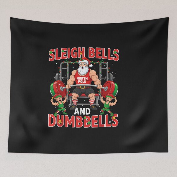 Item preview, Santa Gym T-Shirt - Sleigh Bells & Dumbbells - Funny Christmas Workout Tee, Bodybuilding Santa, Elf Spotters, Holiday Fitness Gift,158 characters designed and sold by ZyxDes.