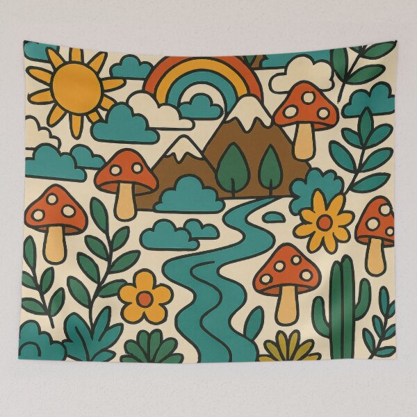 Artikelvorschau, Retro-Naturcollage mit Pilzen, Regenbögen und Bergen entworfen und verkauft von NoctaHike.