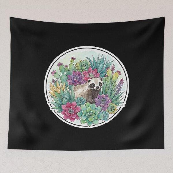 Item preview, Watercolor Woodland Badger Sticker Surrounded by Succulents and Cactus Plants Aesthetic Relax Stress Relief Fun Sticker Design designed and sold by bvdesignart.