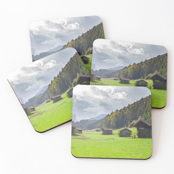 Item preview, Pasture with hay barns and mountains in the Stubai Valley during rain with dark clouds designed and sold by Torsten  Krüger.