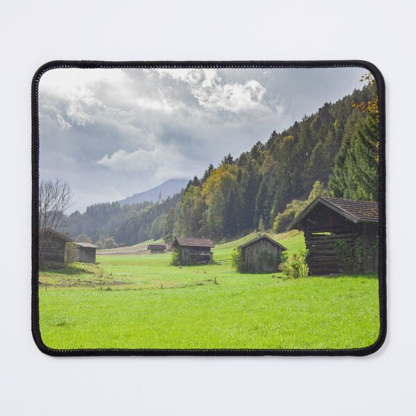 Item preview, Pasture with hay barns and mountains in the Stubai Valley during rain with dark clouds designed and sold by Torsten Krüger.