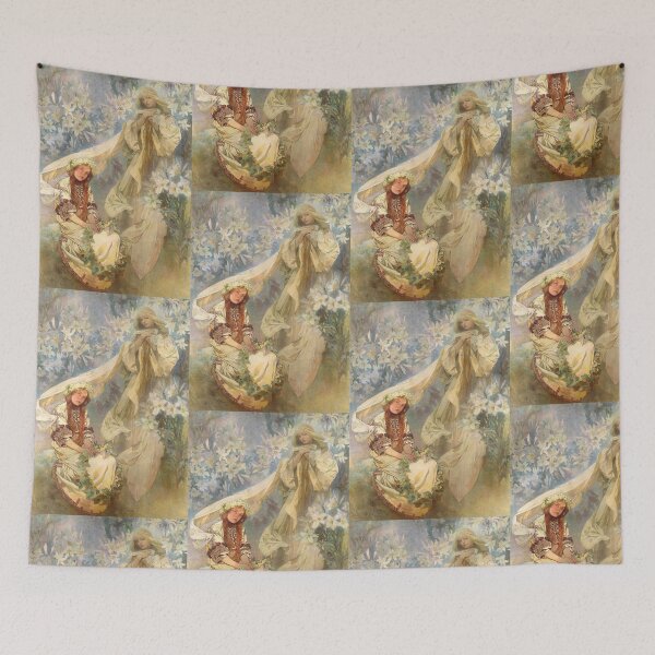Item preview, Madonna of the Lilies by Alphonse Mucha | Art Nouveau Religious Print | Vintage Virgin Mary Wall Art|Floral Halo Catholic Decorative Poster designed and sold by artofuniverse.