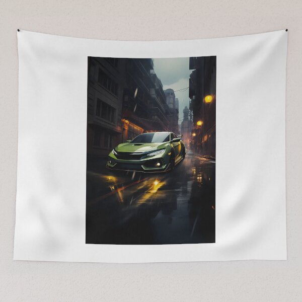 Item preview, Bright Green Hot Hatch Sports Car On Rainy City Street designed and sold by RevUpDesign.