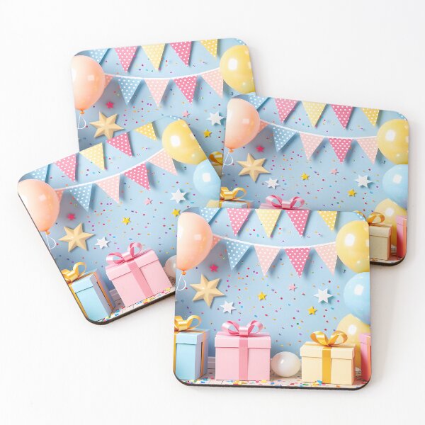 Item preview, Colorful gift boxes with ribbons surrounded by pastel balloons and bunting on a bright cheerful blue background designed and sold by Mimoshi ⭐⭐⭐⭐⭐.