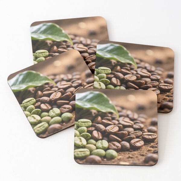 Item preview, Fresh green and roasted coffee beans lying on soil with green leaves under natural warm sunlight designed and sold by Mimoshi ⭐⭐⭐⭐⭐.