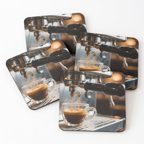 Item preview, Fresh espresso shot pouring from coffee machine into glass cup with rich crema and steam rising softly designed and sold by Mimoshi ⭐⭐⭐⭐⭐.