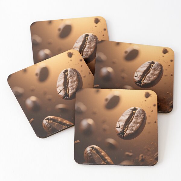 Item preview, Beautiful flying coffee beans glowing in golden light showing freshness and detailed roast surface designed and sold by Mimoshi ⭐⭐⭐⭐⭐.