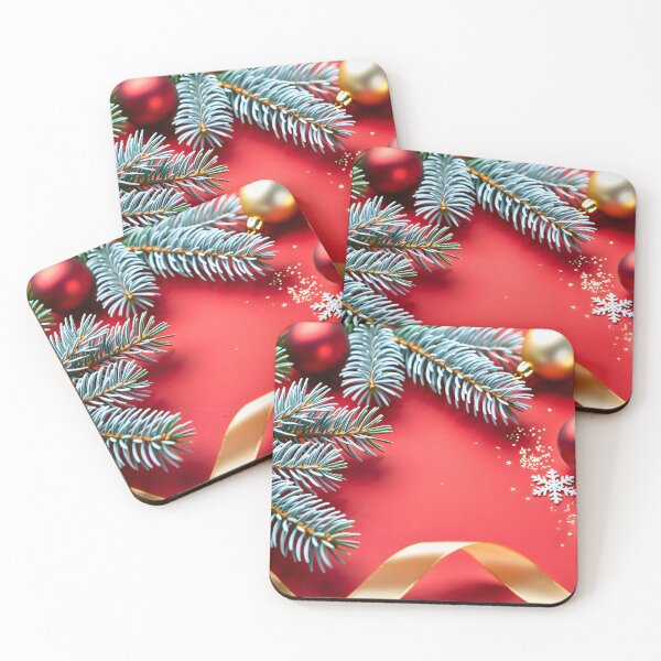 Item preview, Christmas ornaments and fir branches with golden ribbon on bright red background designed and sold by Mimoshi ⭐⭐⭐⭐⭐.