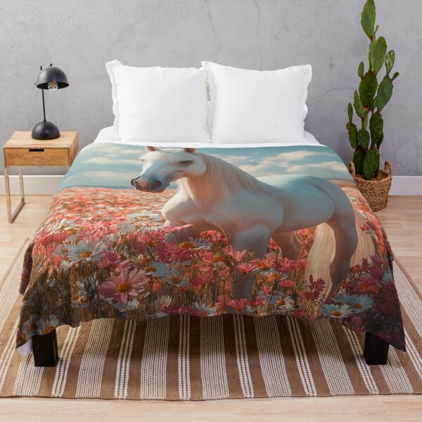Item preview, White Horse Amid Blossoming Meadow — Impressionist Floral Dream designed and sold by CuongArtLab.