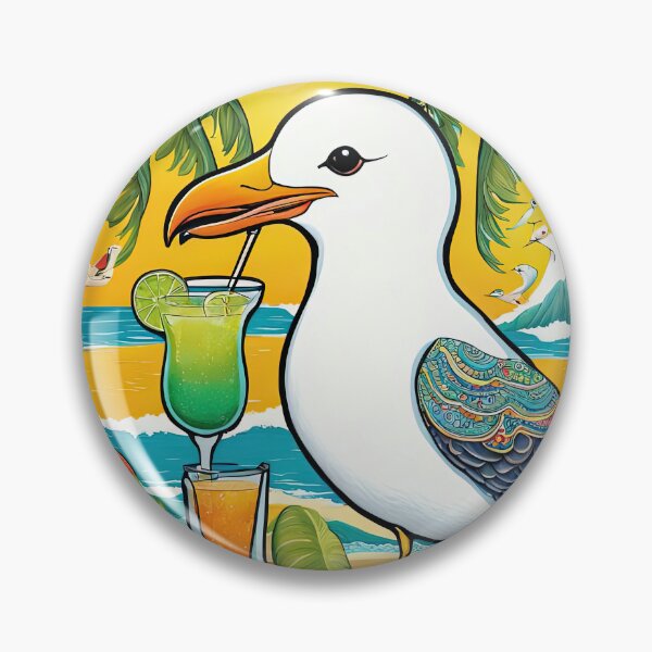Artikelvorschau, Volkskunst: Möwe an einem tropischen Strand, die einen Cocktail trinkt entworfen und verkauft von Colin Bentham.