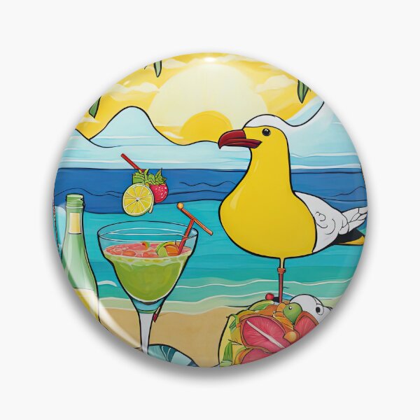 Artikelvorschau, Volkskunst: Möwe an einem tropischen Strand, die einen Cocktail trinkt entworfen und verkauft von Colin Bentham.