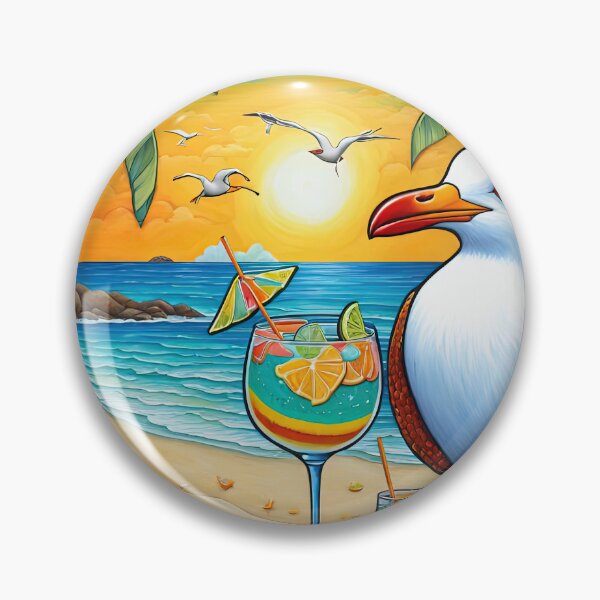 Artikelvorschau, Volkskunst: Möwe an einem tropischen Strand, die einen Cocktail trinkt entworfen und verkauft von Colin Bentham.