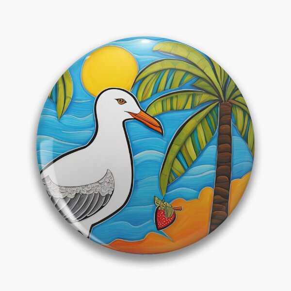 Artikelvorschau, Volkskunst: Möwe an einem tropischen Strand, die einen Cocktail trinkt entworfen und verkauft von Colin Bentham.