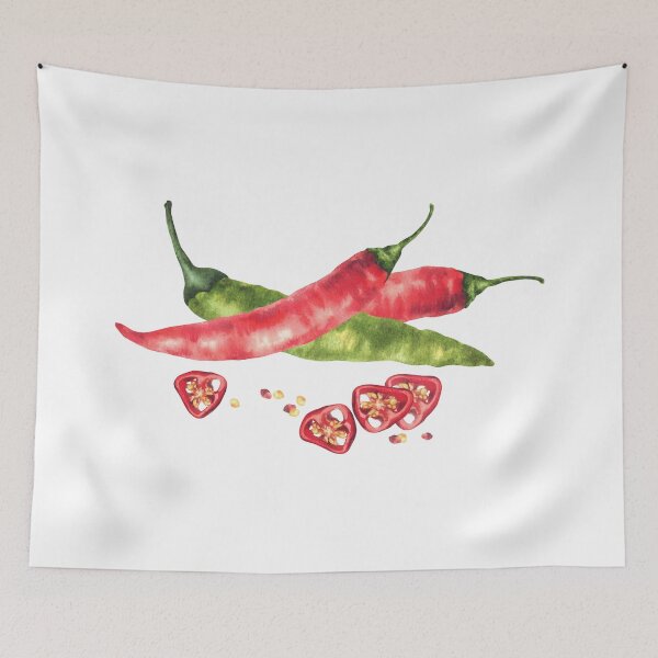 Item preview,  Watercolor hot chili pepper sticker. Vegetable green, red pods, sliced and seeds. Food spices designed and sold by BartolArt.