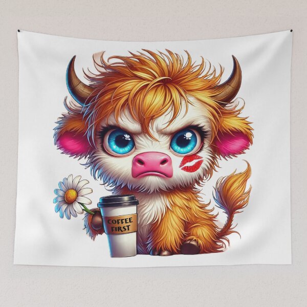 Item preview, Angry Highland Cow with Coffee First Cup – Funny Kawaii Coffee Art designed and sold by Lulunza.