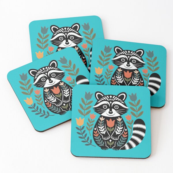 Item preview, Folk Art Raccoon – Scandinavian Botanical Raccoon Illustration designed and sold by A-to-y.