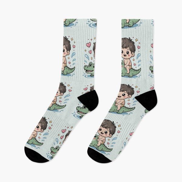 Item preview, Cute Boy Riding Baby Crocodile – Adorable Kawaii Cartoon Design designed and sold by Tidarat-27.