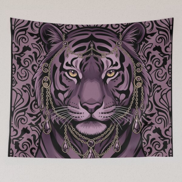 Aperçu de l'œuvre Tigre à visage mauve crépusculaire orné de bijoux en noir créée et vendue par DesignsByPrnces.