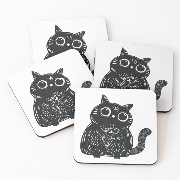 Item preview, Cute Cat Holding Its Fish in a Cozy Linocut-Style Illustration designed and sold by OzdeBayer.