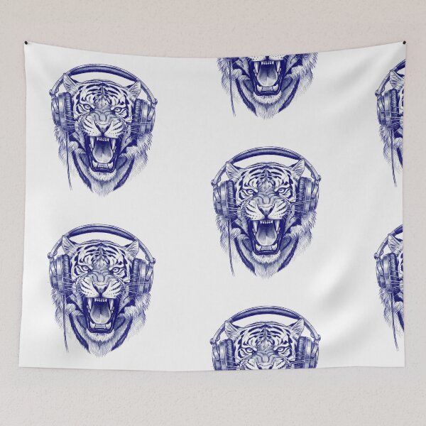 Item preview, TIGER WITH HEADPHONES BLUE PEN DRAWING designed and sold by infinitearte.