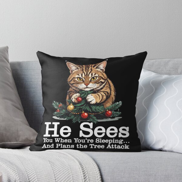 Item preview, Funny Cat Christmas T-Shirt He Sees You When You’re Sleeping... And Plans The Tree Attack designed and sold by SylwiaPrint.