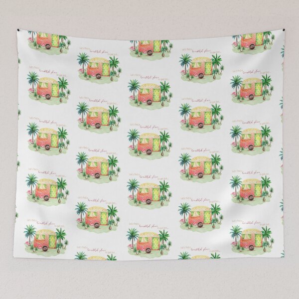 Item preview, Watercolour Retro Vintage Camper Caravan Flamingo Scene designed and sold by ReefCoast.
