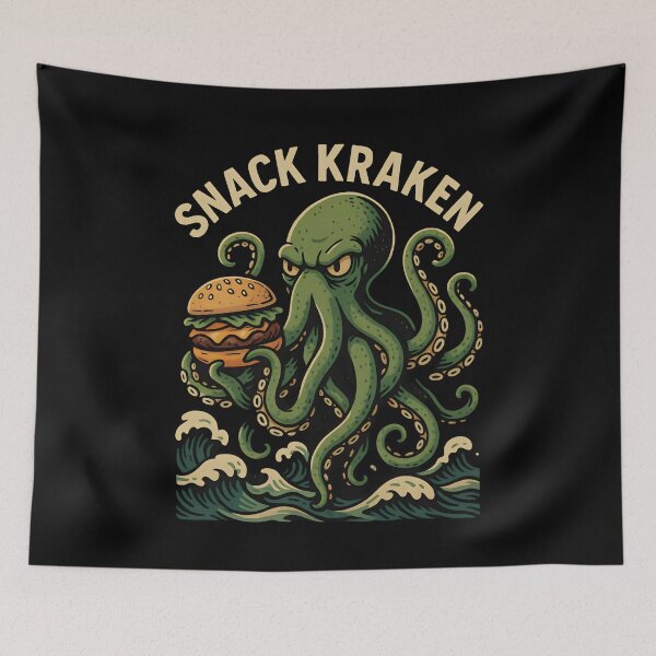Aperçu de l'œuvre Snack Kraken – Le monstre Kraken rigolo qui mange un hamburger créée et vendue par SidTastic .
