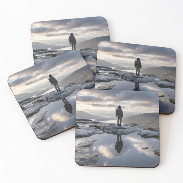 Item preview, Hiker enjoys sunset view by a lake designed and sold by anytka.