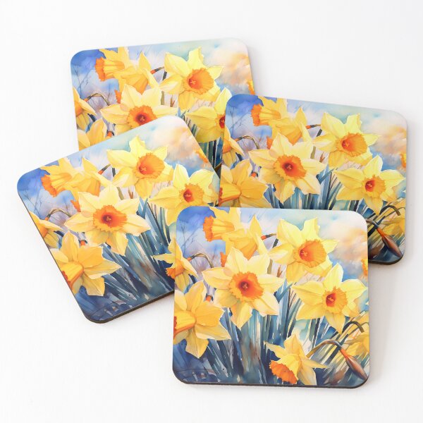 Item preview, Daffodil Yellow Flowers Art With Stylized Blue Leaves  designed and sold by DEC02.