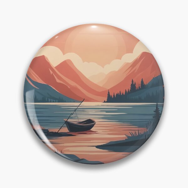 Item preview, A cartoon landscape of the setting sun over a forest lake designed and sold by StyleAndVibe.
