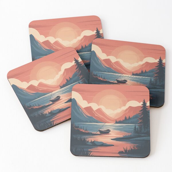 Item preview, A cartoon landscape of the setting sun over a forest lake designed and sold by StyleAndVibe.