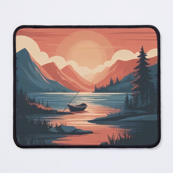 Item preview, A cartoon landscape of the setting sun over a forest lake designed and sold by StyleAndVibe.