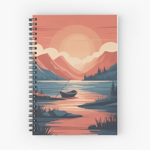 Item preview, A cartoon landscape of the setting sun over a forest lake designed and sold by StyleAndVibe.
