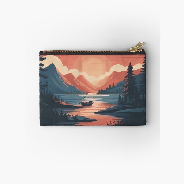 Item preview, A cartoon landscape of the setting sun over a forest lake designed and sold by StyleAndVibe.