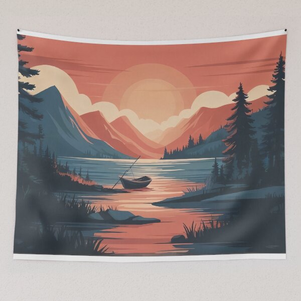 Item preview, A cartoon landscape of the setting sun over a forest lake designed and sold by StyleAndVibe.