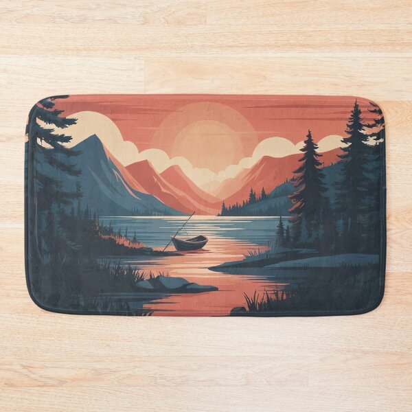Item preview, A cartoon landscape of the setting sun over a forest lake designed and sold by StyleAndVibe.